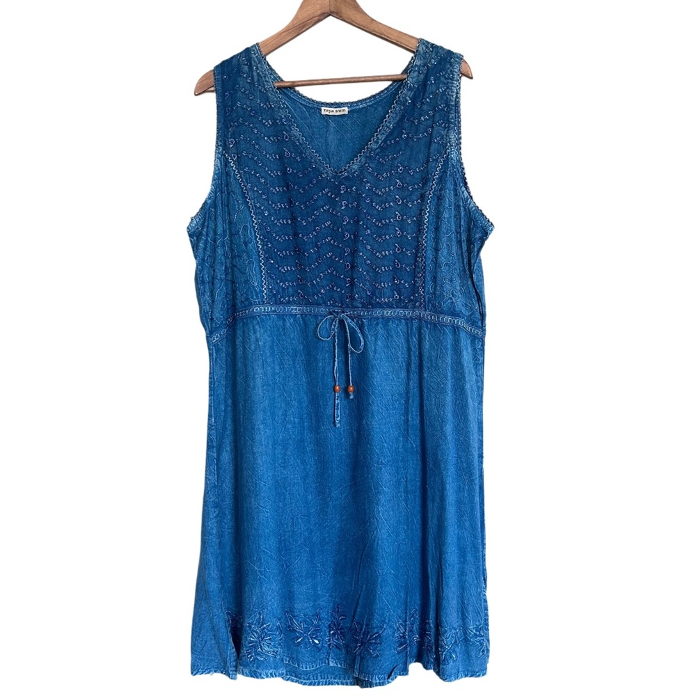 Blue Sleeveless Embroidered V-Neck Mini Dress with Drawstring Waist